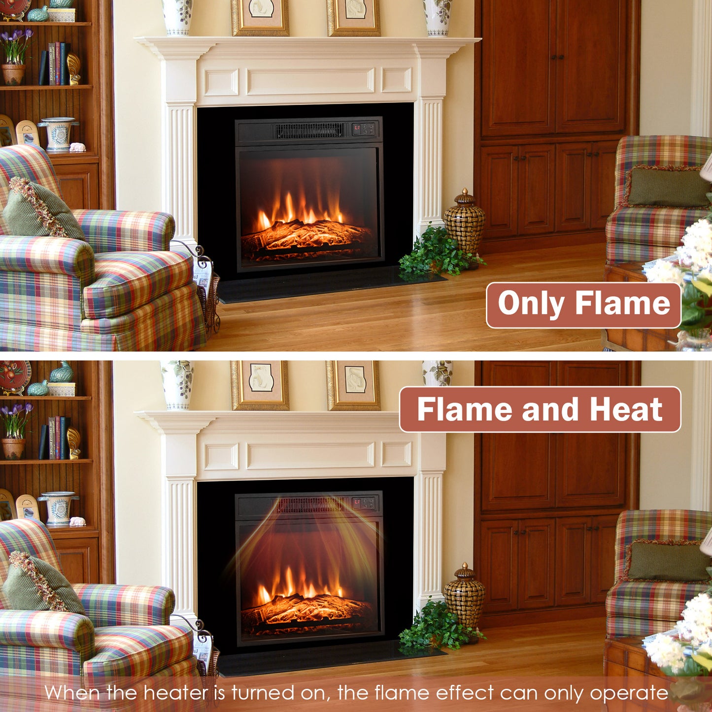 18 Inch Electric Fireplace Insert with Adjustable LED Flame Effects