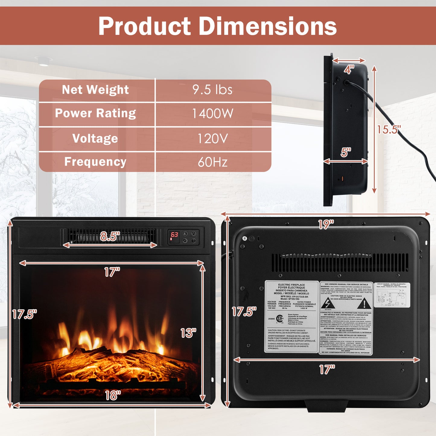 18 Inch Electric Fireplace Insert with Adjustable LED Flame Effects