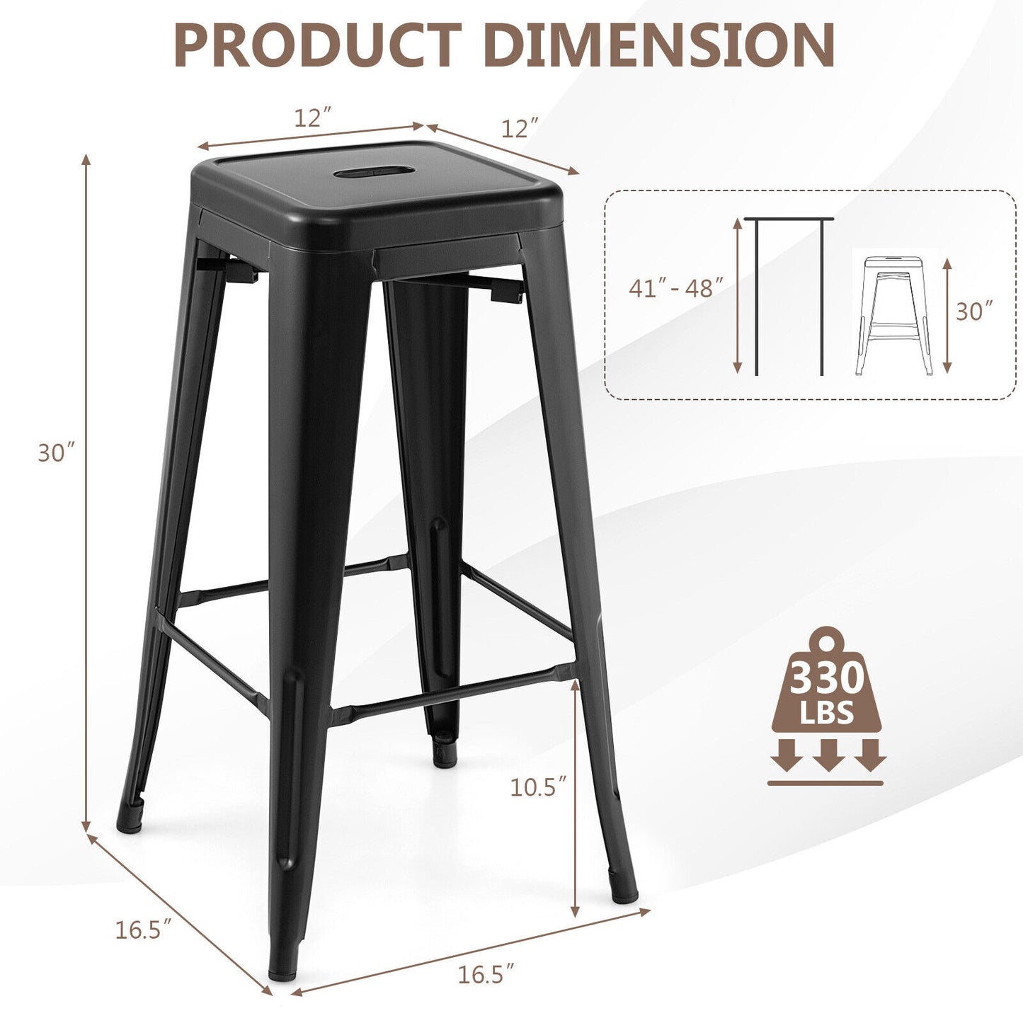 Set of 4 30 Inch Bar Stools with Square Seat and Convenient Handling Hole - Black