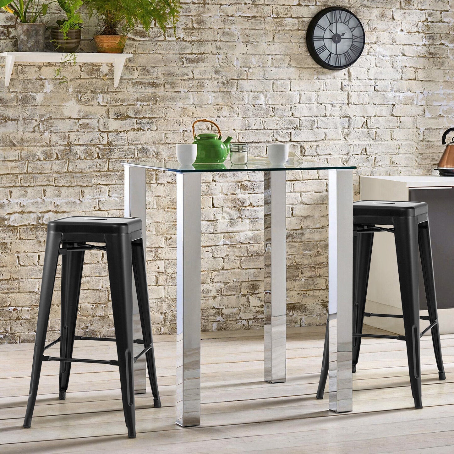 Set of 4 30 Inch Bar Stools with Square Seat and Convenient Handling Hole - Black