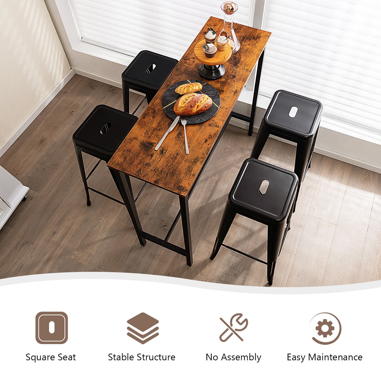 Set of 4 30 Inch Bar Stools with Square Seat and Convenient Handling Hole - Black