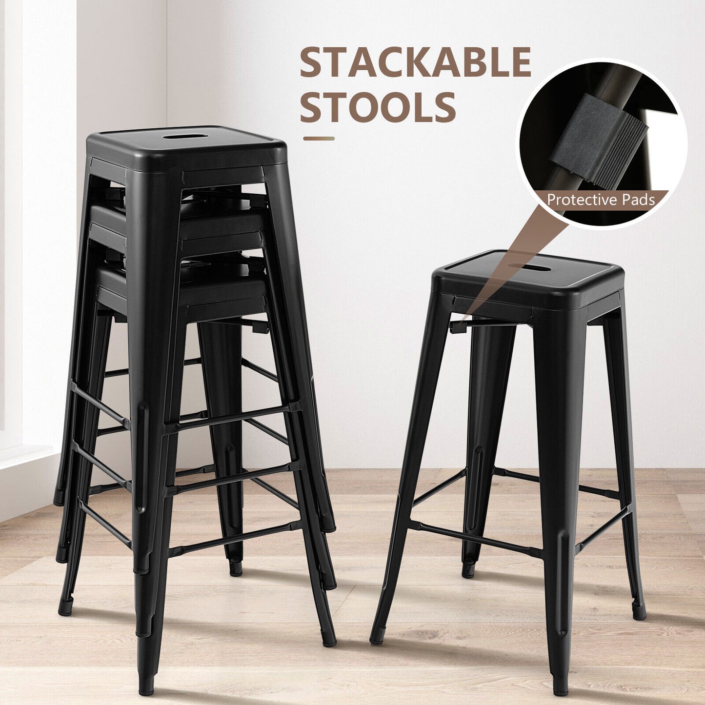 Set of 4 30 Inch Bar Stools with Square Seat and Convenient Handling Hole - Black
