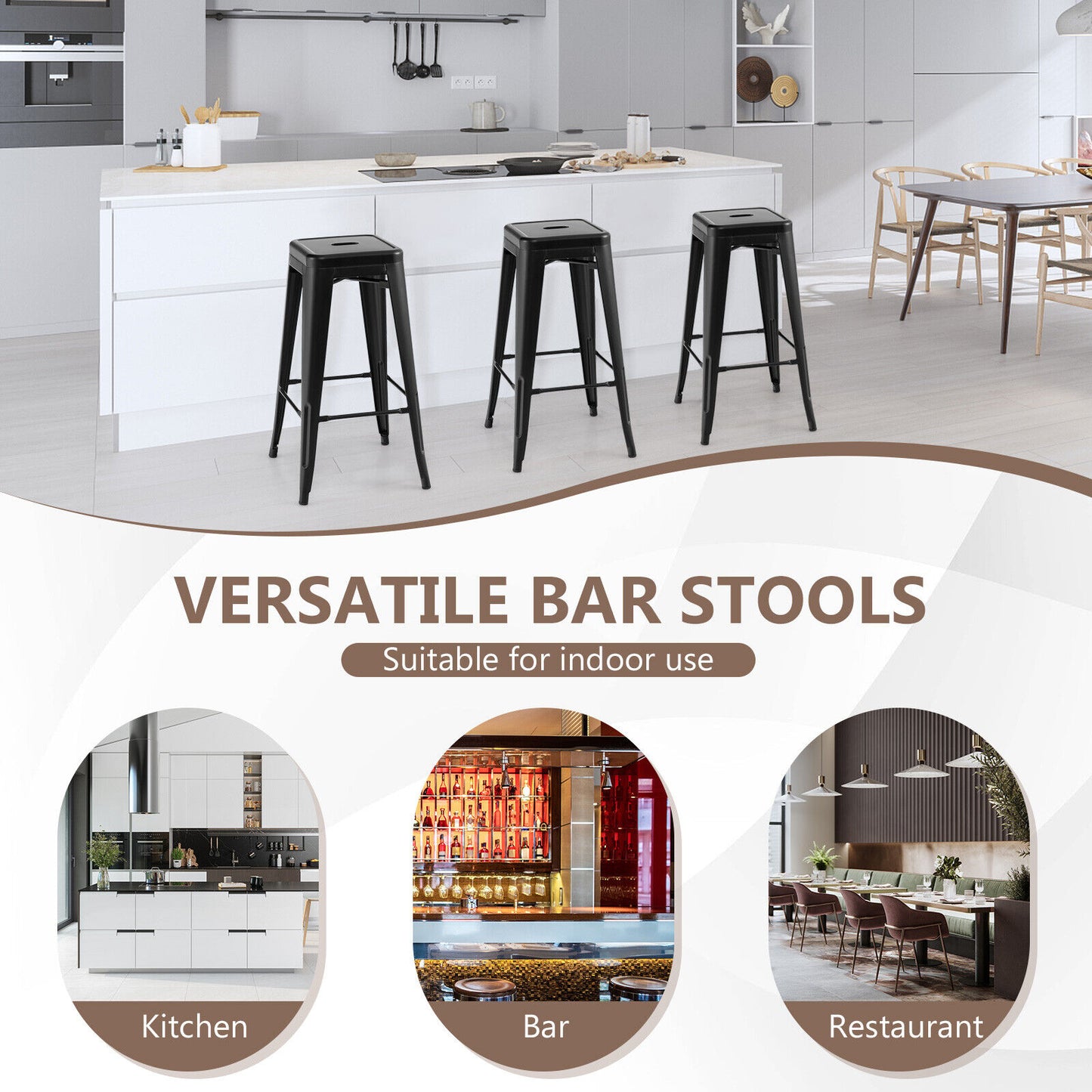 Set of 4 30 Inch Bar Stools with Square Seat and Convenient Handling Hole - Black