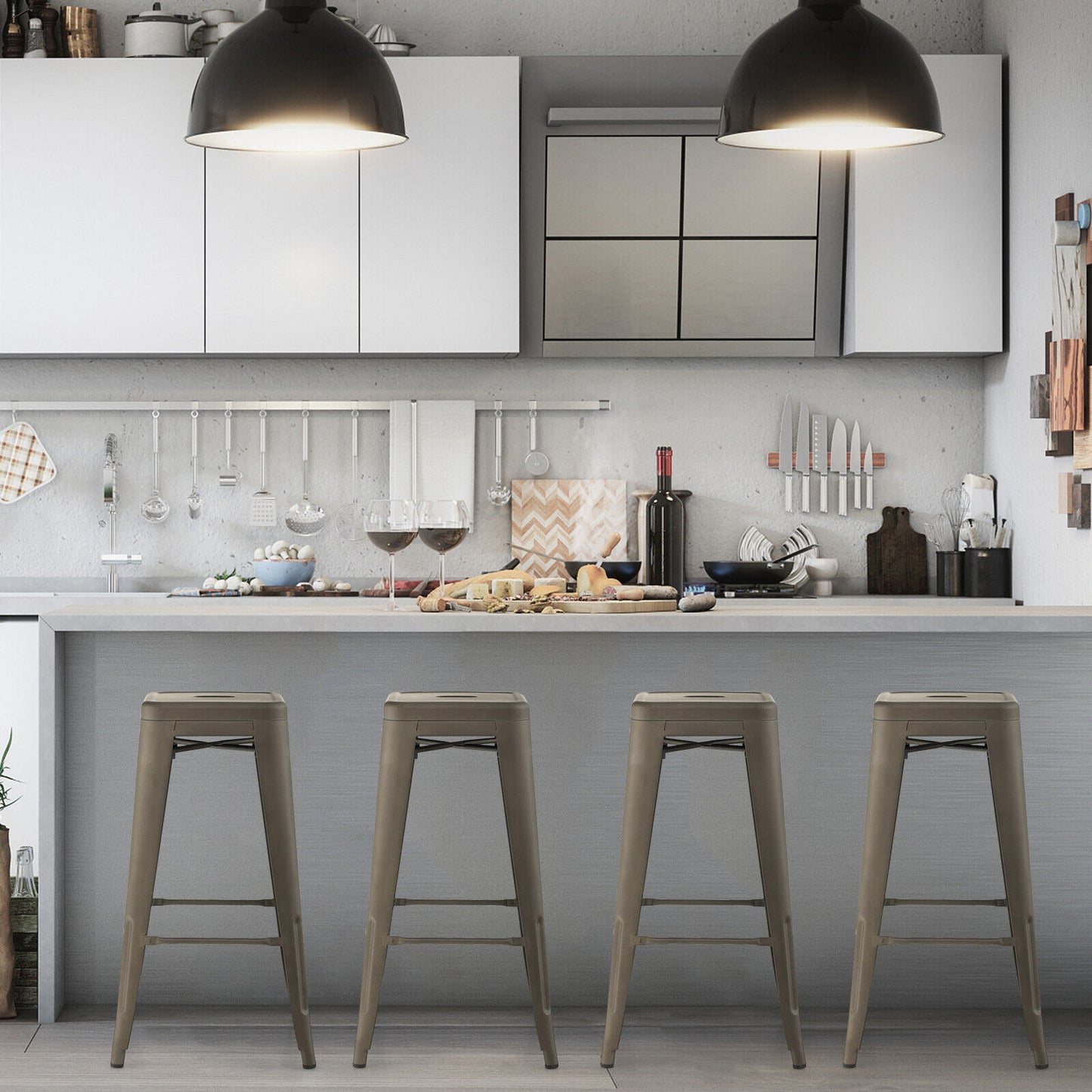 Set of 4 30 Inch Bar Stools with Square Seat and Convenient Handling Hole - Gunmetal