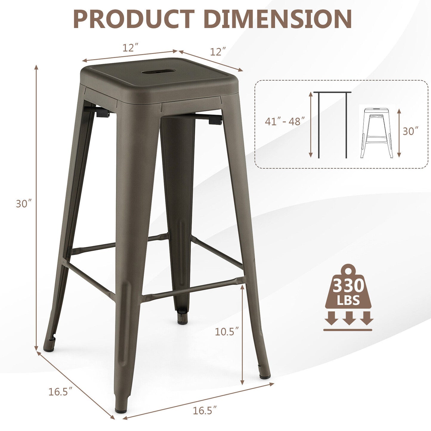Set of 4 30 Inch Bar Stools with Square Seat and Convenient Handling Hole - Gunmetal