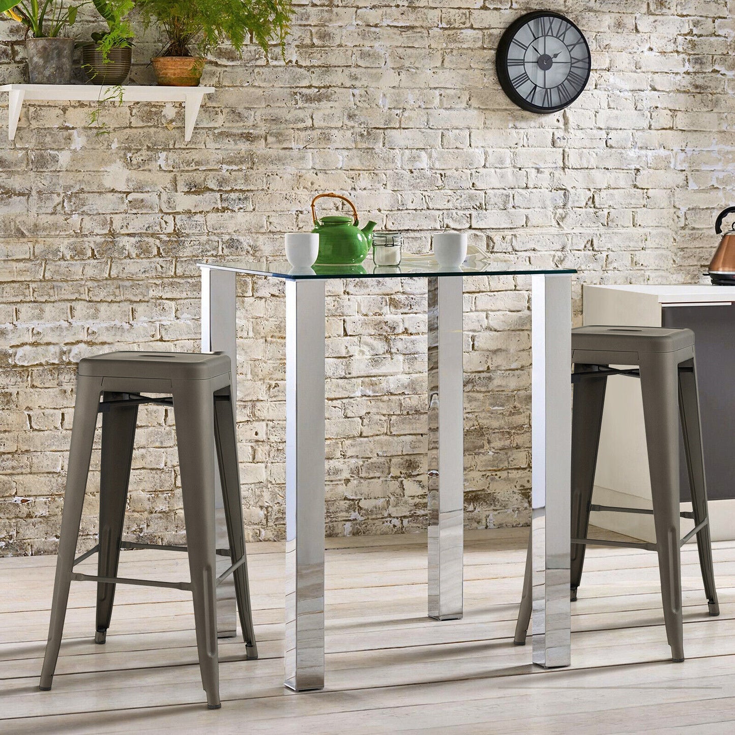Set of 4 30 Inch Bar Stools with Square Seat and Convenient Handling Hole - Gunmetal