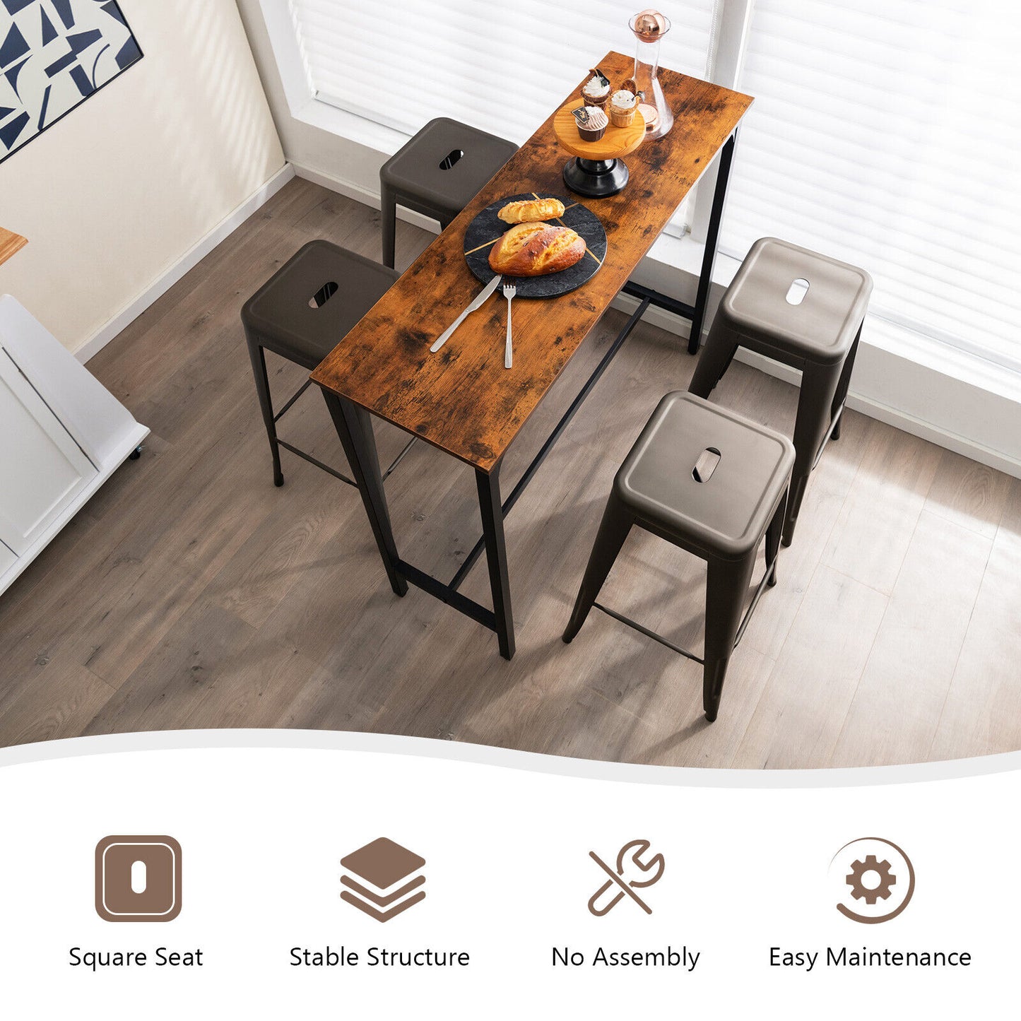 Set of 4 30 Inch Bar Stools with Square Seat and Convenient Handling Hole - Gunmetal