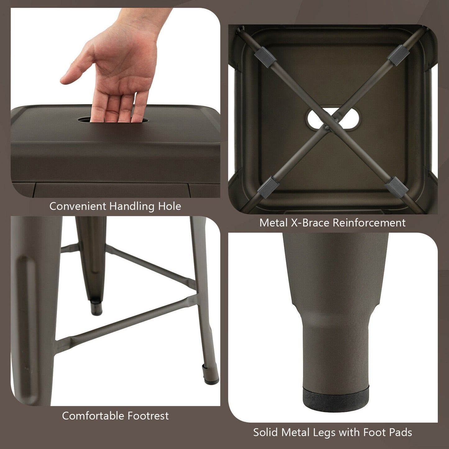 Set of 4 30 Inch Bar Stools with Square Seat and Convenient Handling Hole - Gunmetal