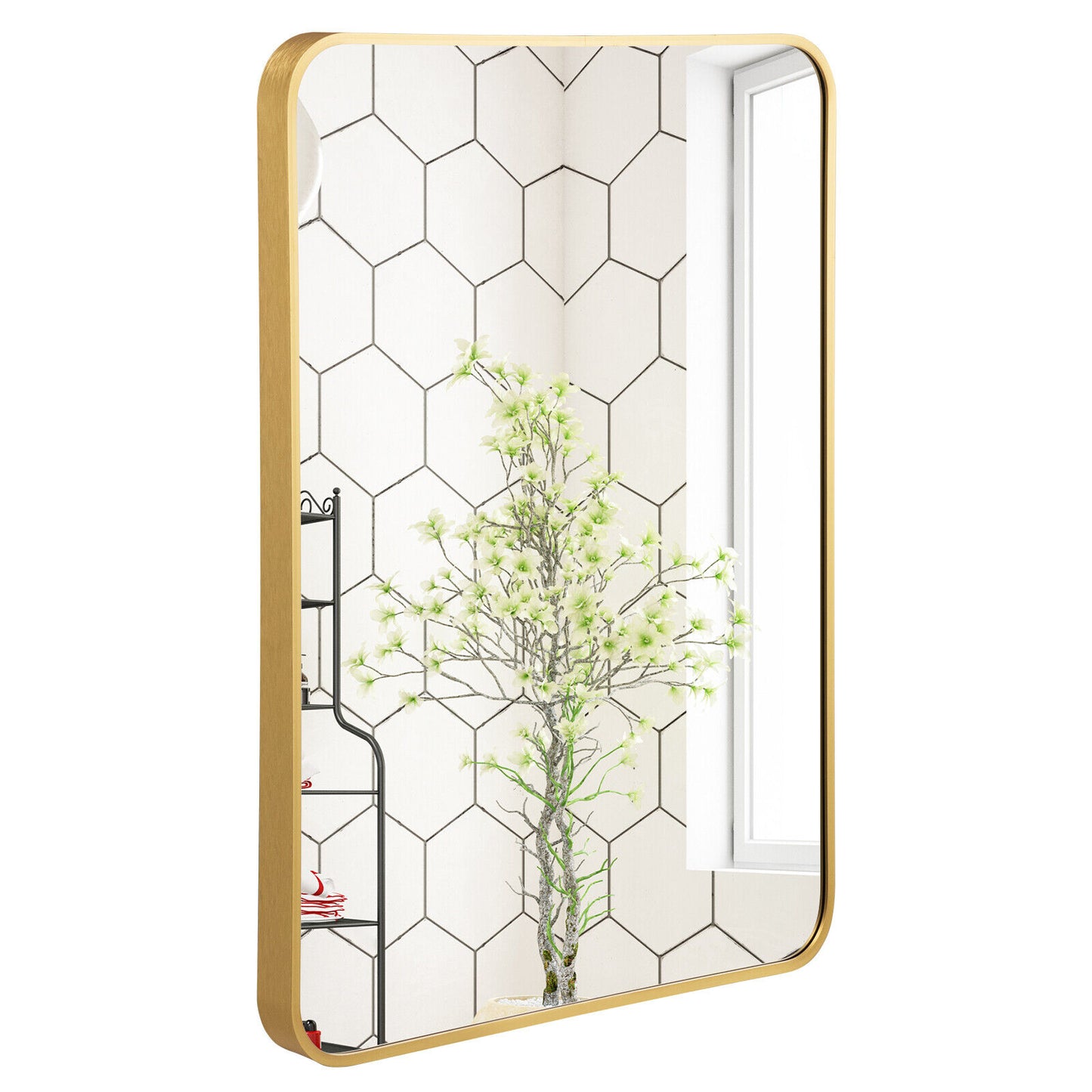Premium Metal Framed Wall Mirror with Shatterproof Glass and Rounded Corners - Golden