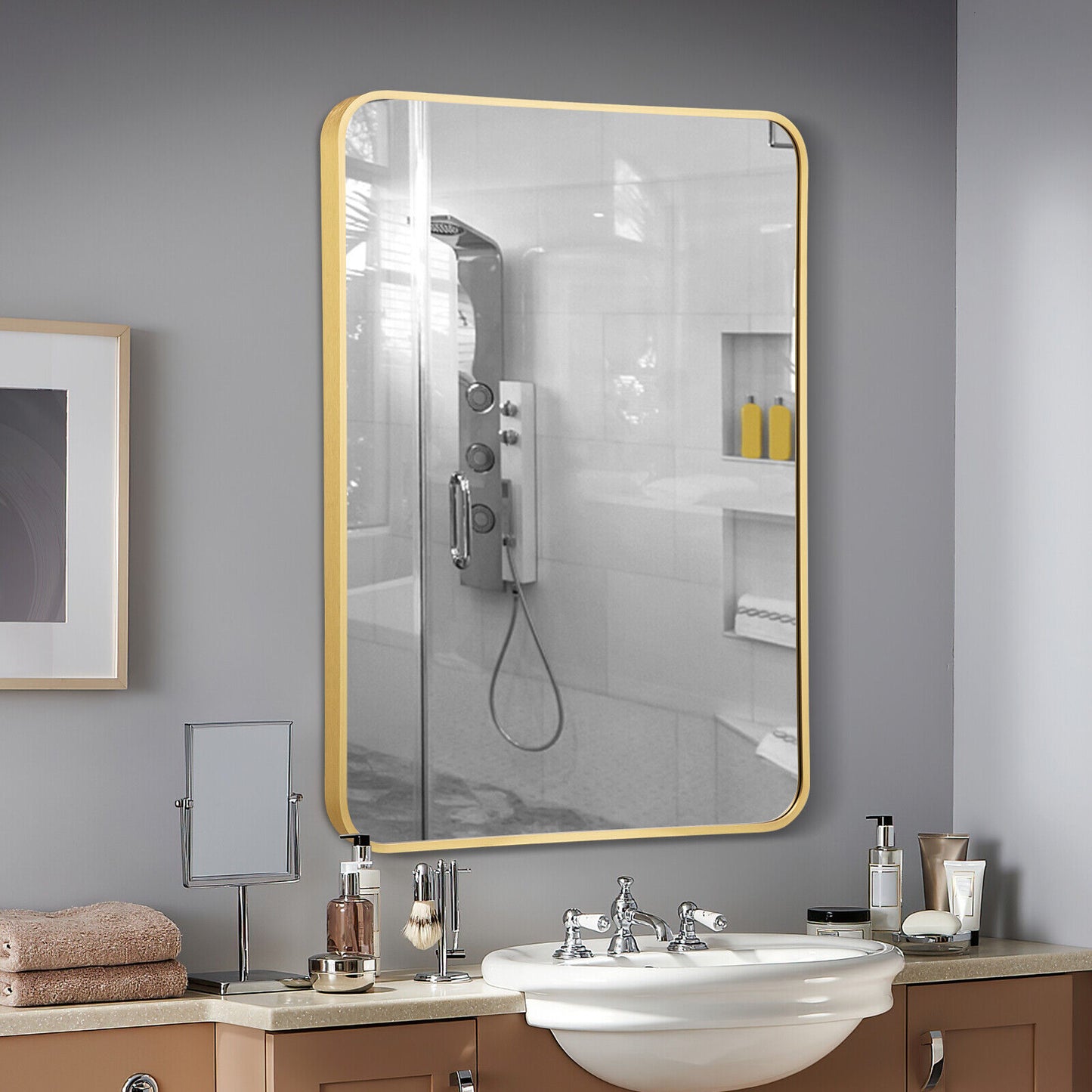Premium Metal Framed Wall Mirror with Shatterproof Glass and Rounded Corners - Golden