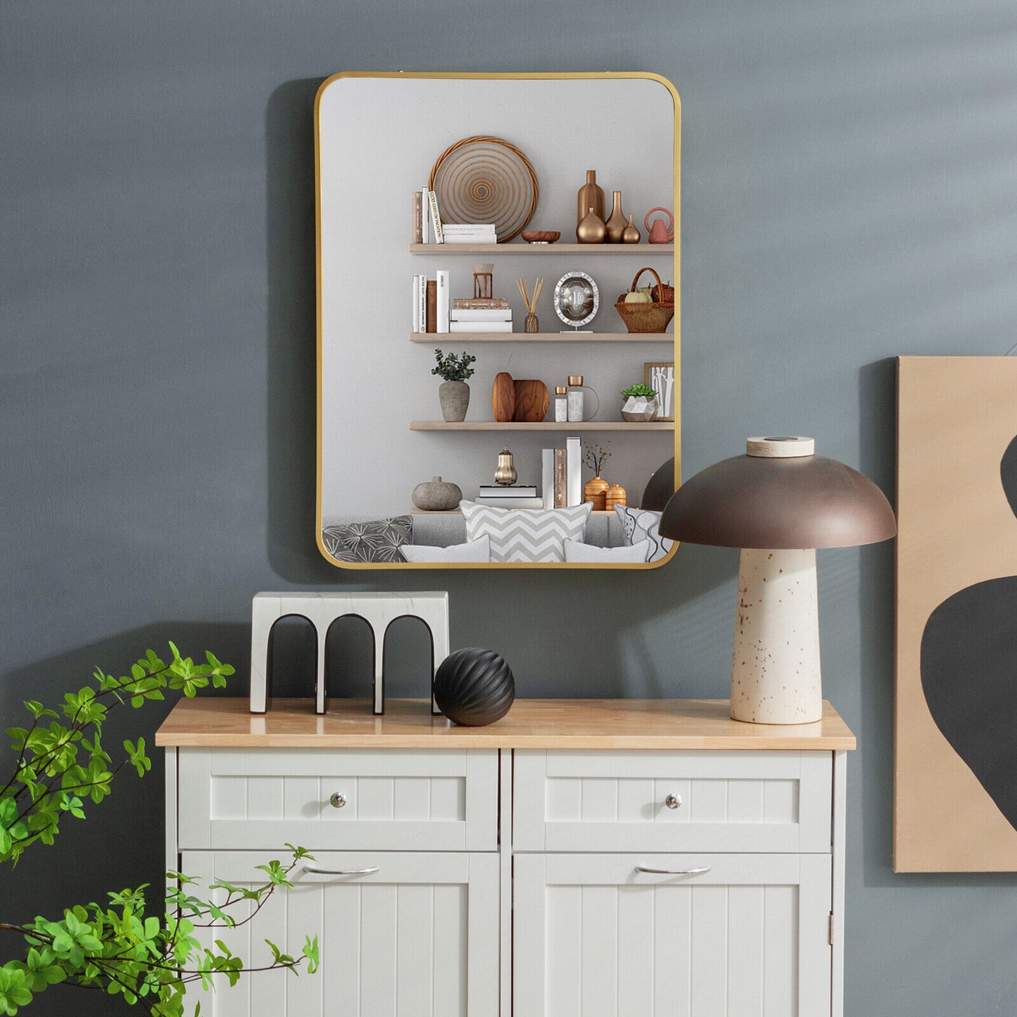 Premium Metal Framed Wall Mirror with Shatterproof Glass and Rounded Corners - Golden