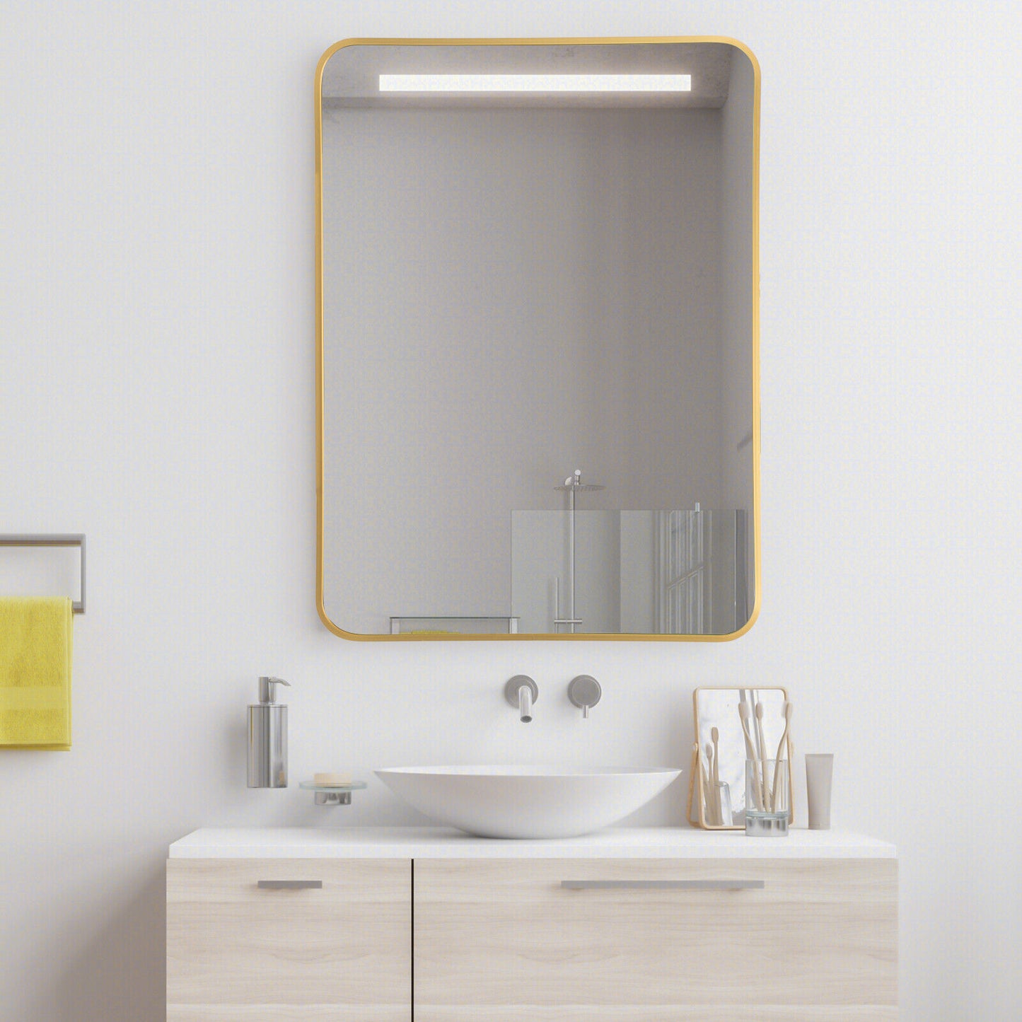 Premium Metal Framed Wall Mirror with Shatterproof Glass and Rounded Corners - Golden