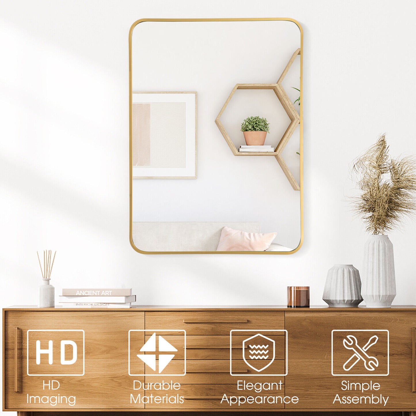 Premium Metal Framed Wall Mirror with Shatterproof Glass and Rounded Corners - Golden