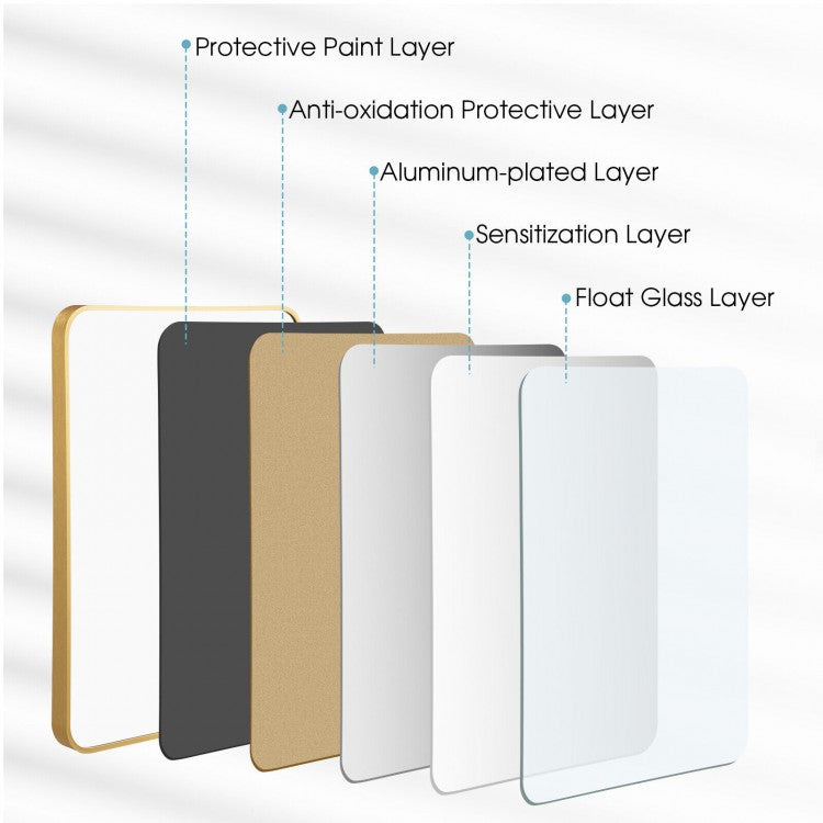 Premium Metal Framed Wall Mirror with Shatterproof Glass and Rounded Corners - Golden