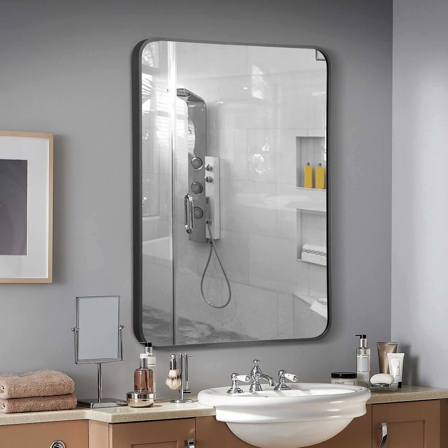 Premium Metal Framed Wall Mirror with Shatterproof Glass and Rounded Corners - Black