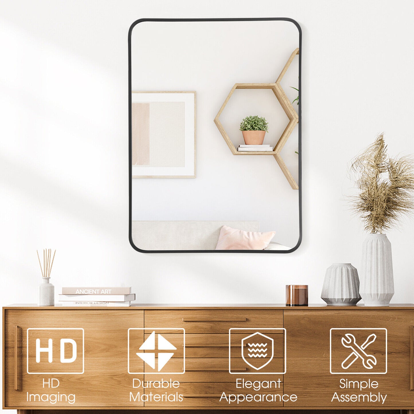 Premium Metal Framed Wall Mirror with Shatterproof Glass and Rounded Corners - Black