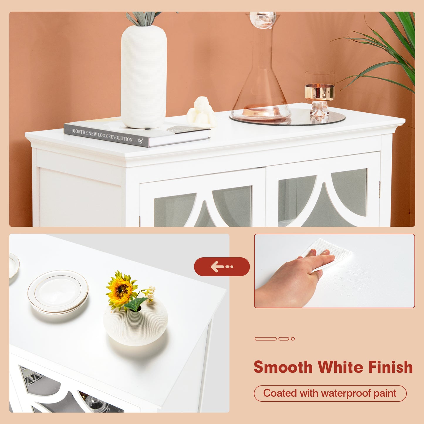 Modern Buffet Cabinet with Glass Doors and Adjustable Storage Shelf - White