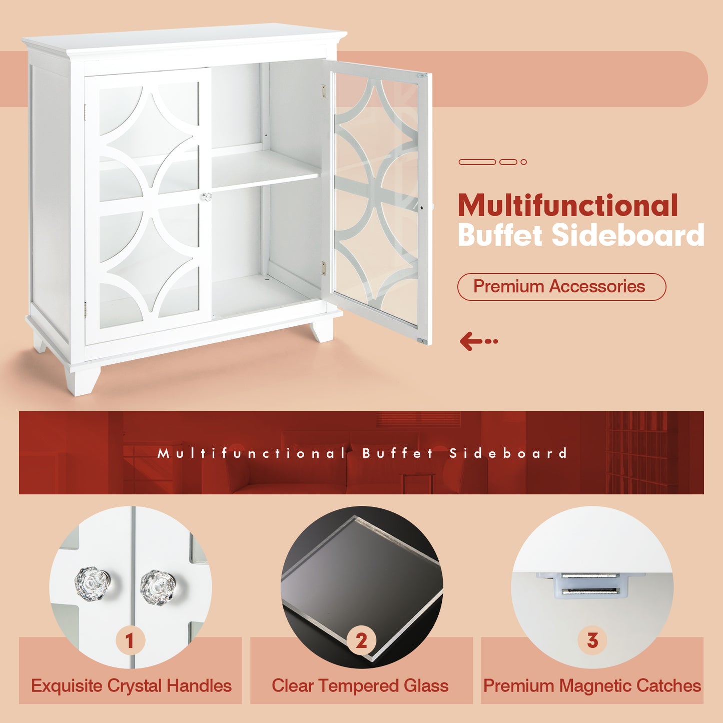 Modern Buffet Cabinet with Glass Doors and Adjustable Storage Shelf - White