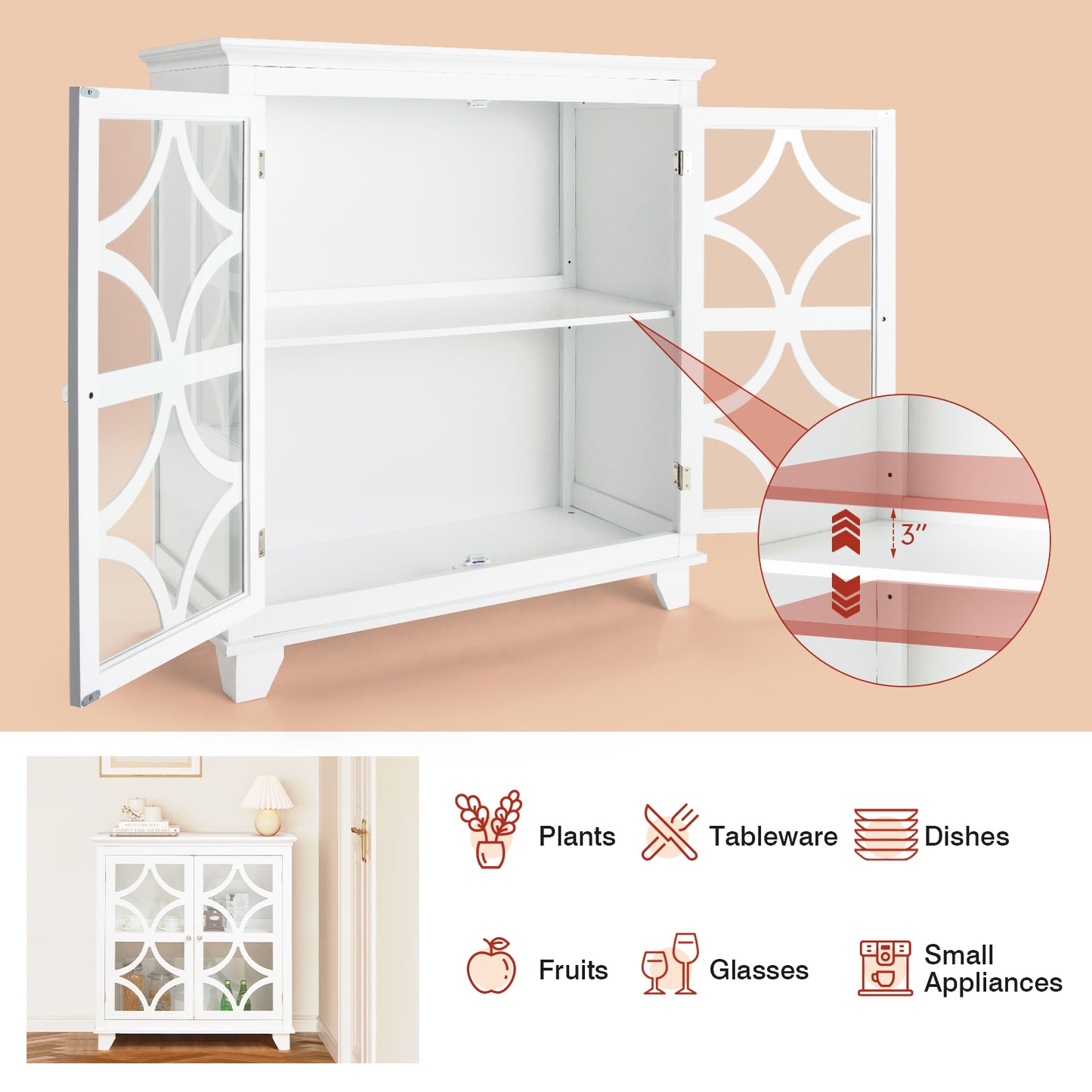 Modern Buffet Cabinet with Glass Doors and Adjustable Storage Shelf - White