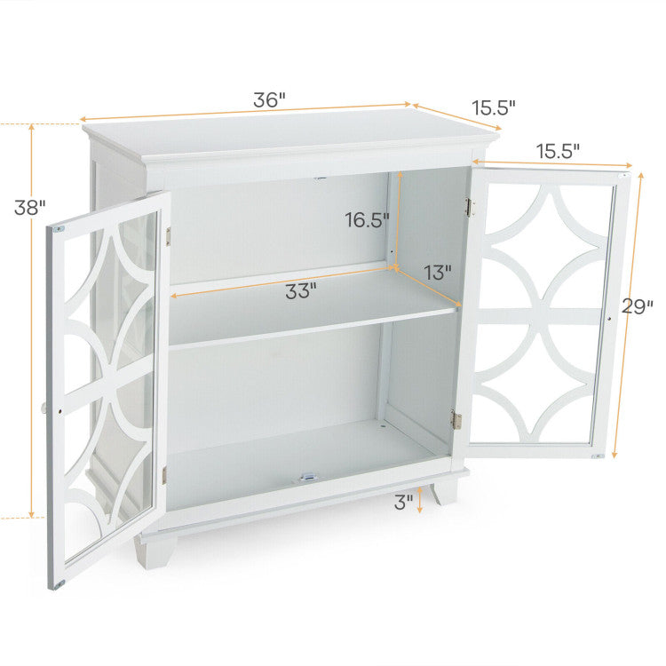 Modern Buffet Cabinet with Glass Doors and Adjustable Storage Shelf - White