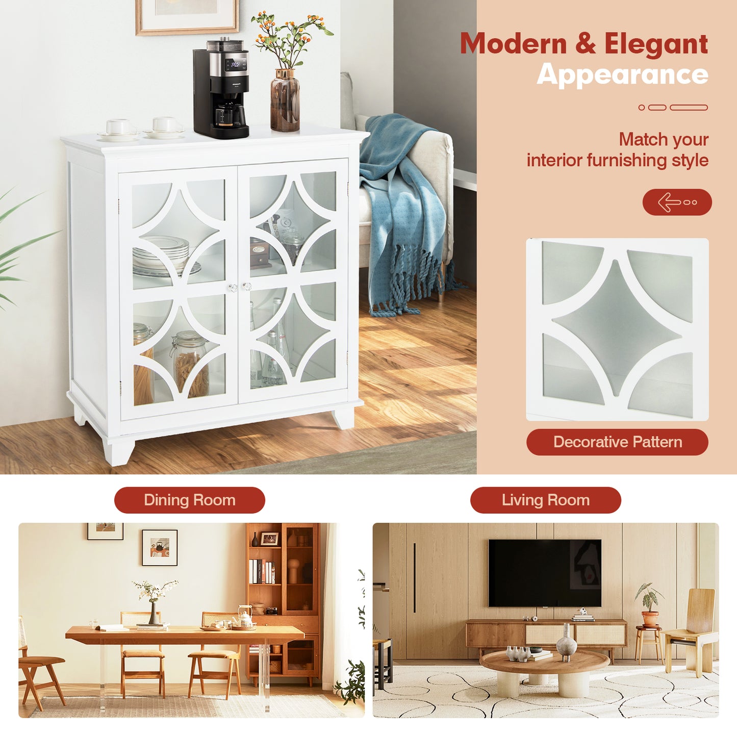 Modern Buffet Cabinet with Glass Doors and Adjustable Storage Shelf - White