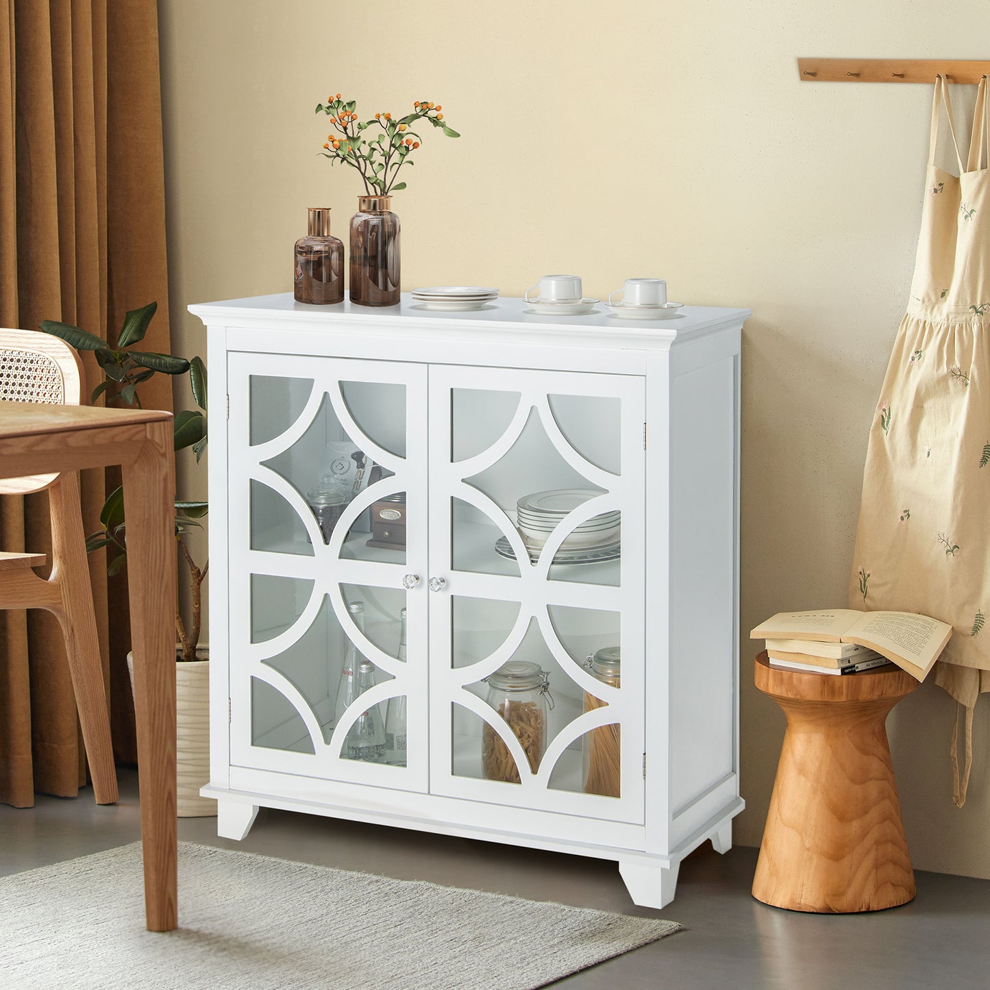 Modern Buffet Cabinet with Glass Doors and Adjustable Storage Shelf - White
