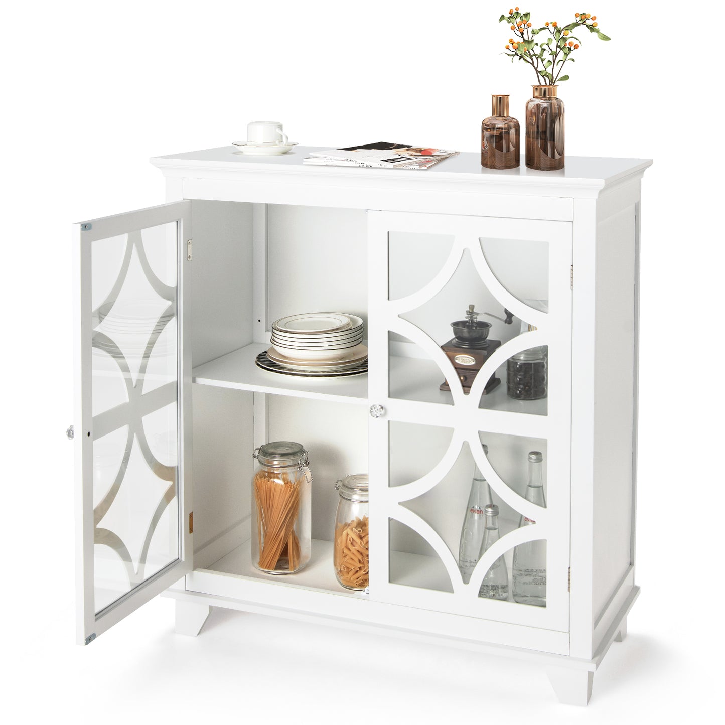 Modern Buffet Cabinet with Glass Doors and Adjustable Storage Shelf - White