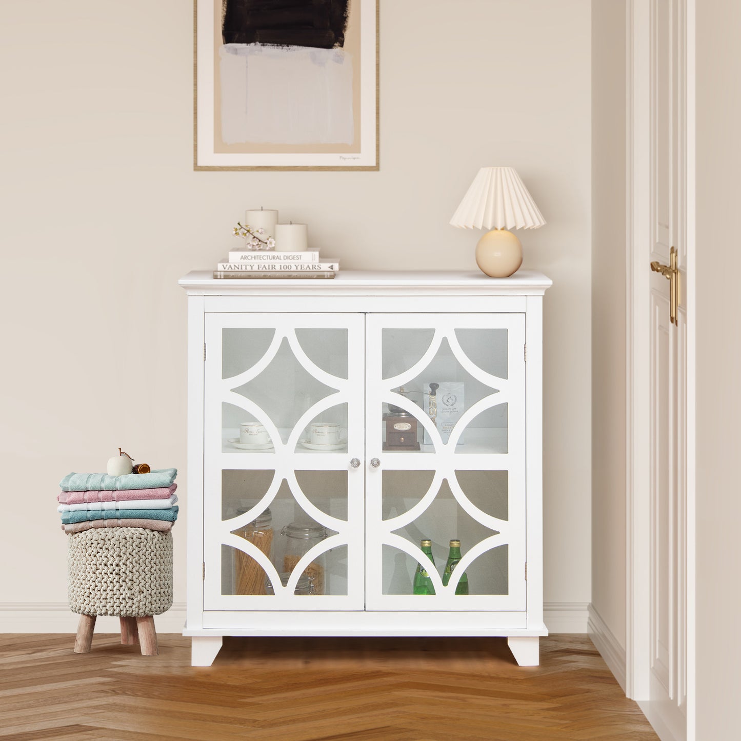 Modern Buffet Cabinet with Glass Doors and Adjustable Storage Shelf - White