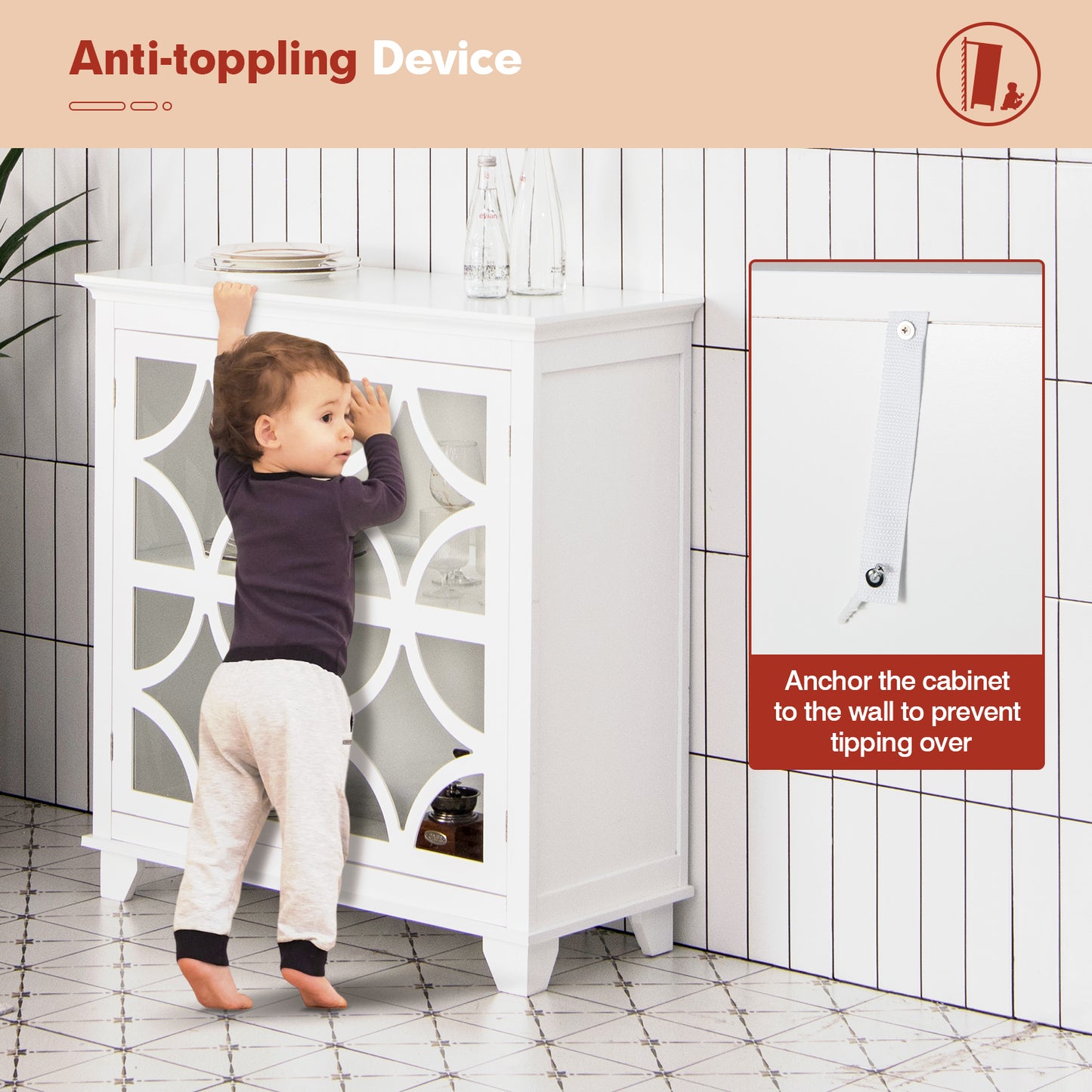 Modern Buffet Cabinet with Glass Doors and Adjustable Storage Shelf - White