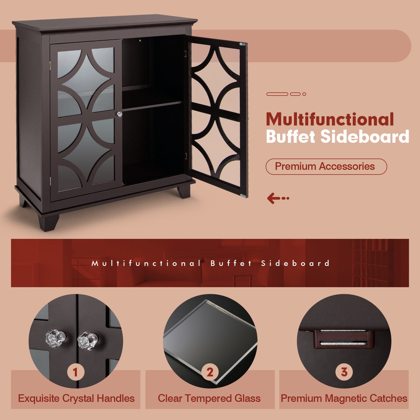 Modern Buffet Cabinet with Glass Doors and Adjustable Storage Shelf - Brown