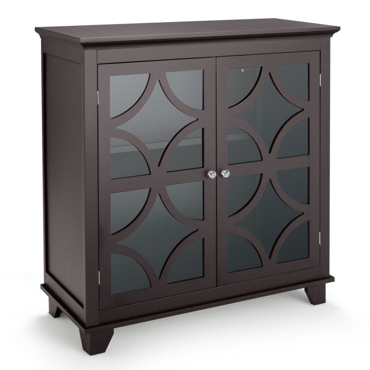 Modern Buffet Cabinet with Glass Doors and Adjustable Storage Shelf - Brown