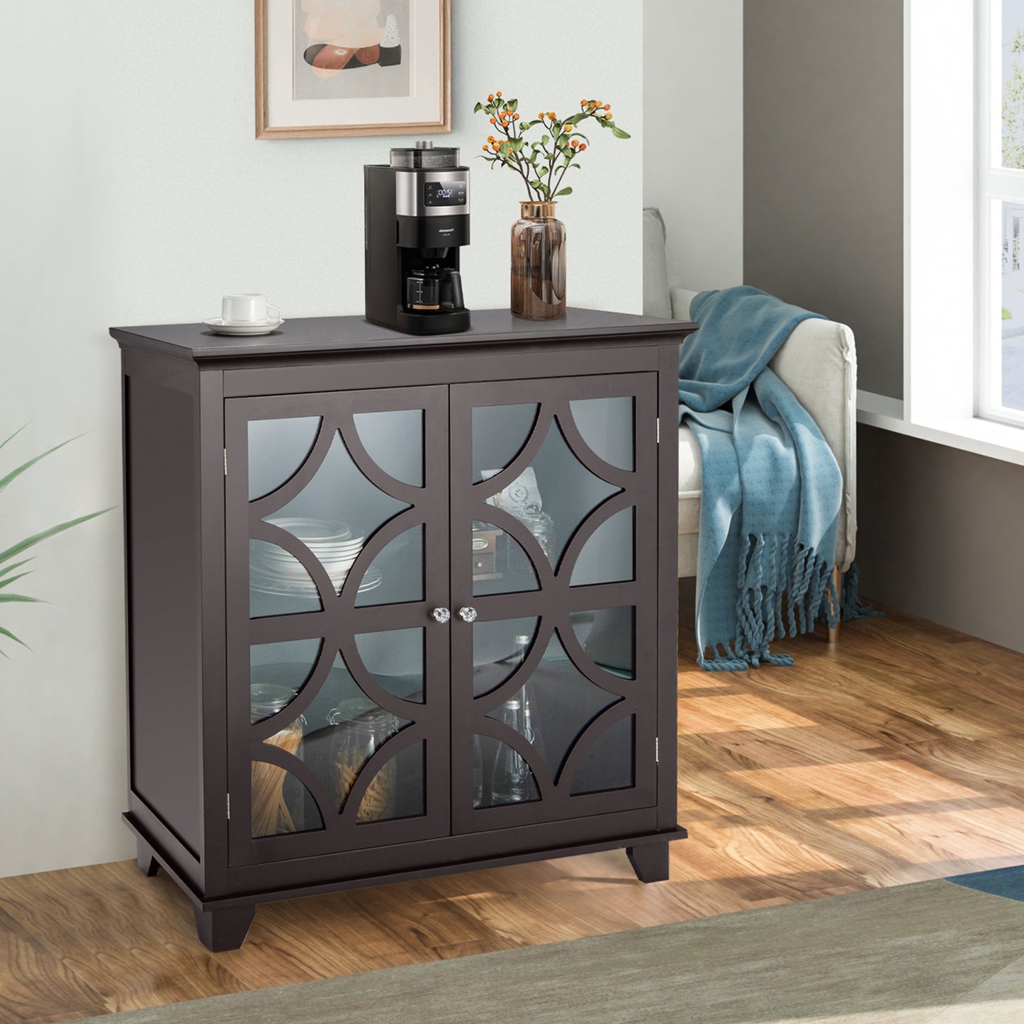Modern Buffet Cabinet with Glass Doors and Adjustable Storage Shelf - Brown