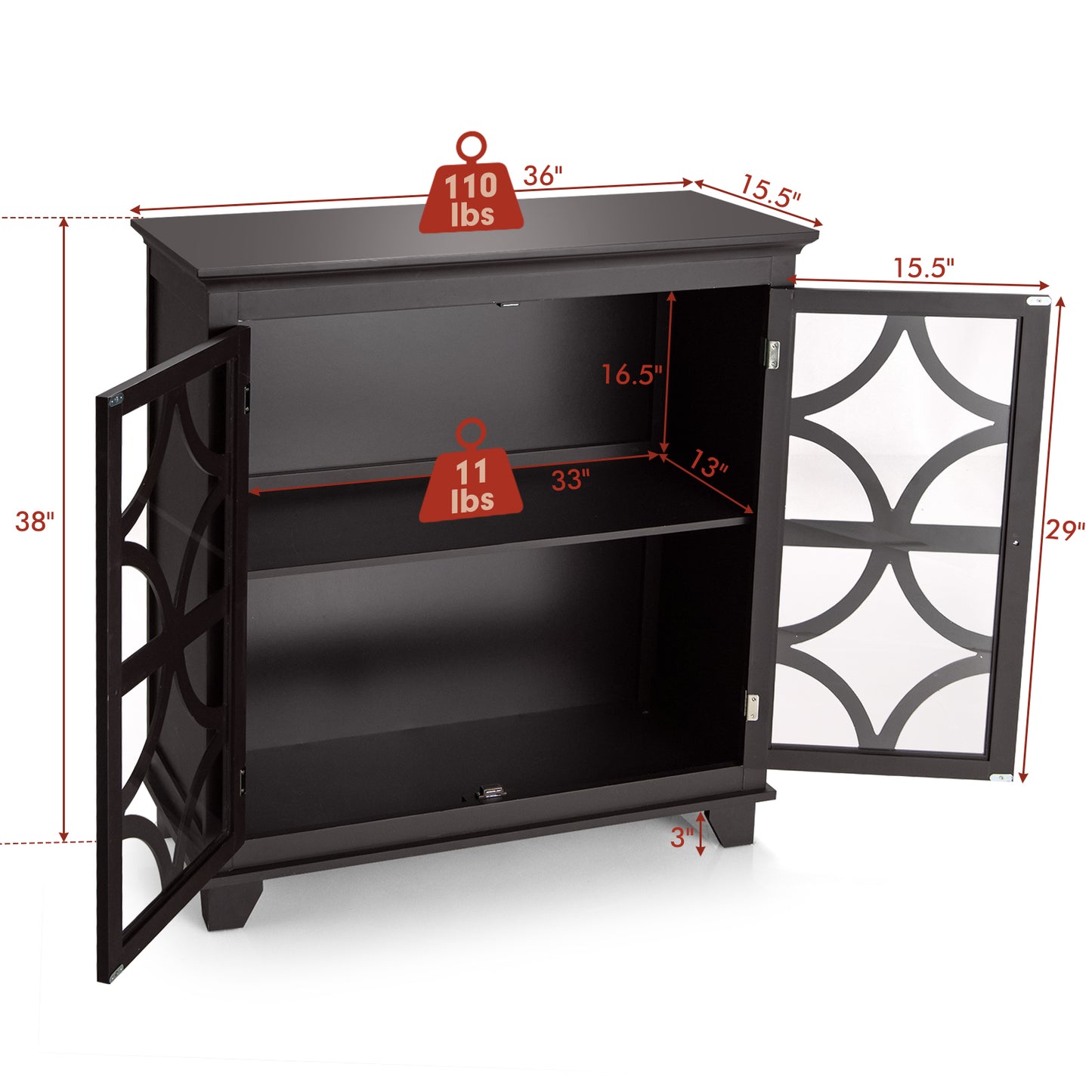 Modern Buffet Cabinet with Glass Doors and Adjustable Storage Shelf - Brown