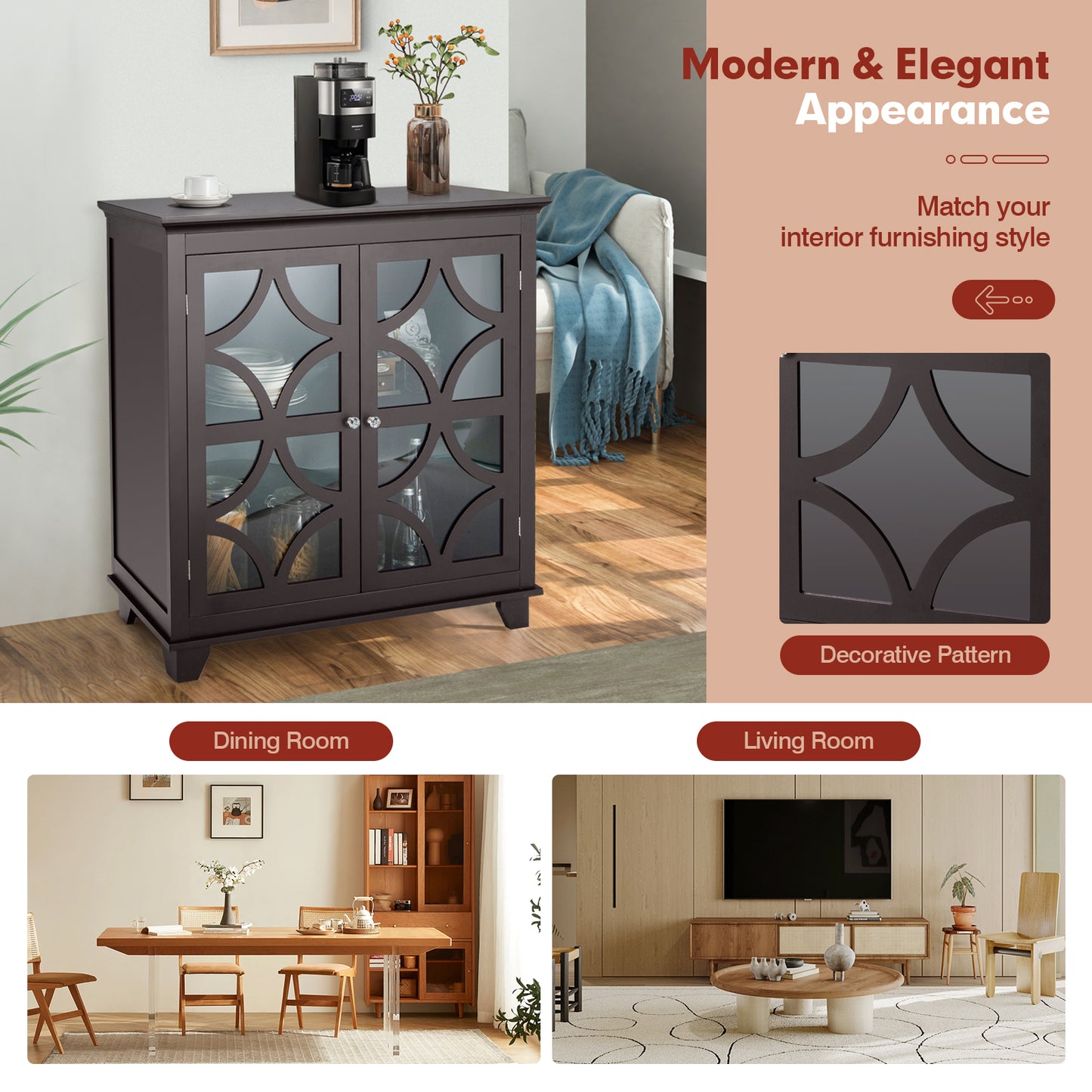 Modern Buffet Cabinet with Glass Doors and Adjustable Storage Shelf - Brown