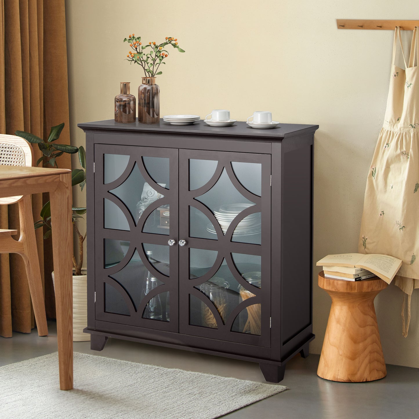 Modern Buffet Cabinet with Glass Doors and Adjustable Storage Shelf - Brown