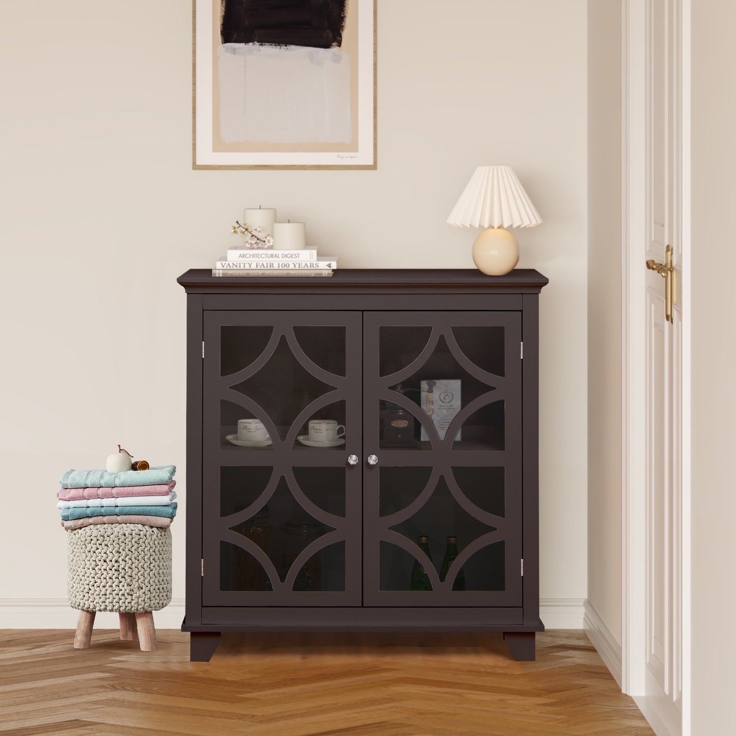 Modern Buffet Cabinet with Glass Doors and Adjustable Storage Shelf - Brown