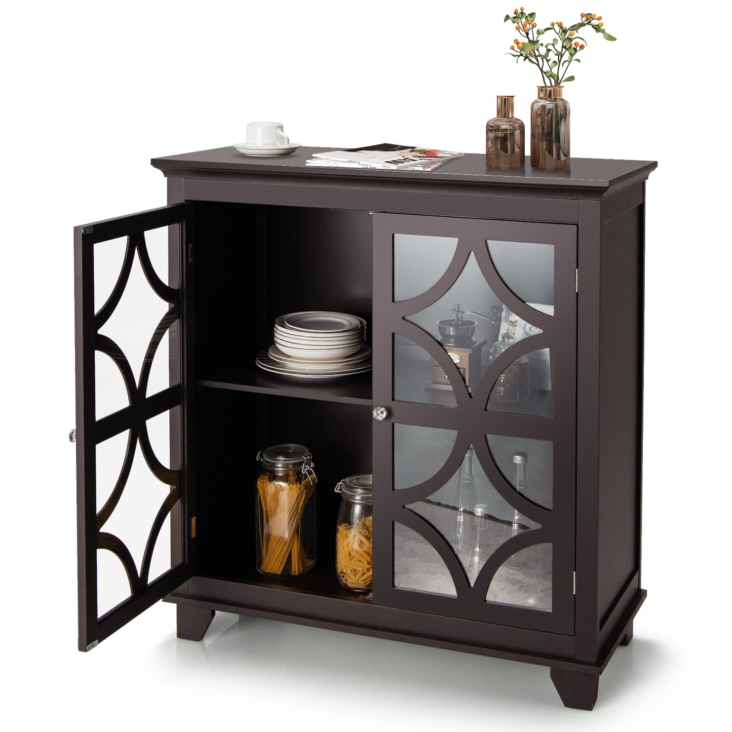 Modern Buffet Cabinet with Glass Doors and Adjustable Storage Shelf - Brown