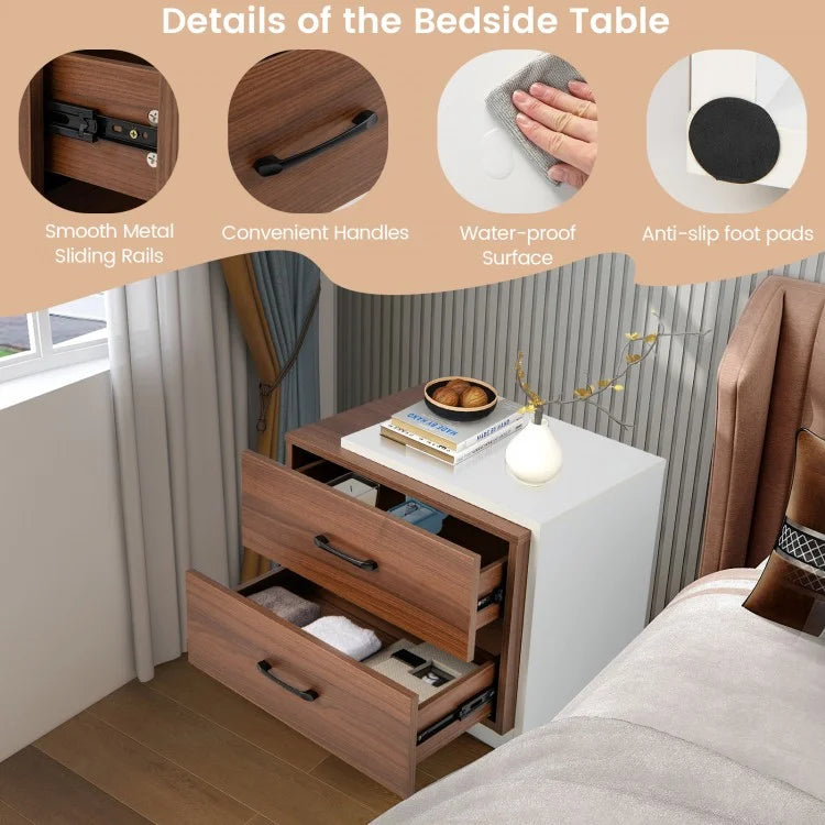 Sleek Modern Nightstand with 2 Drawers for Bedroom or Living Room Organization