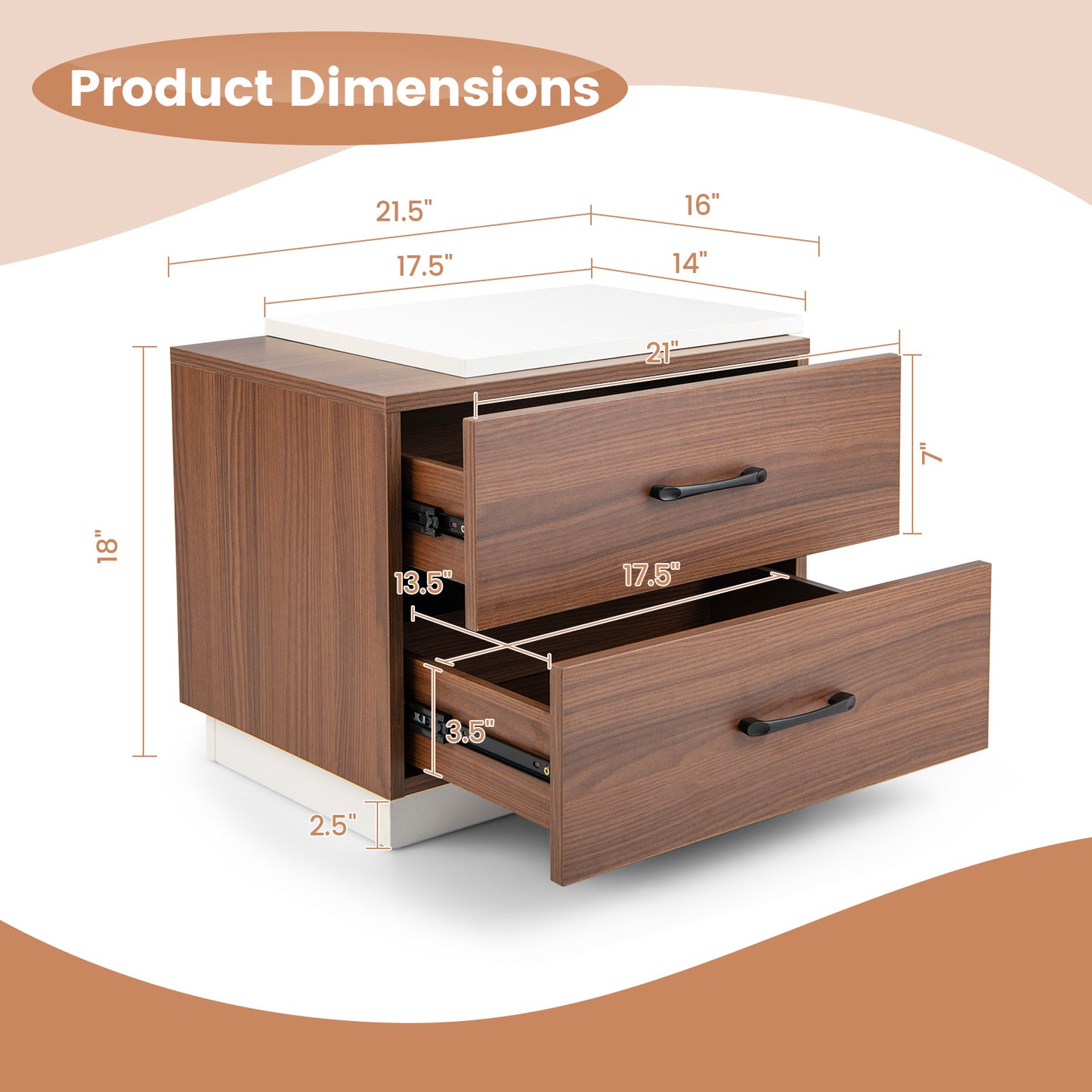 Sleek Modern Nightstand with 2 Drawers for Bedroom or Living Room Organization