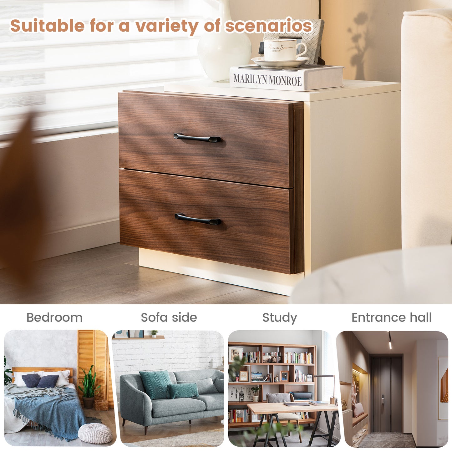 Sleek Modern Nightstand with 2 Drawers for Bedroom or Living Room Organization