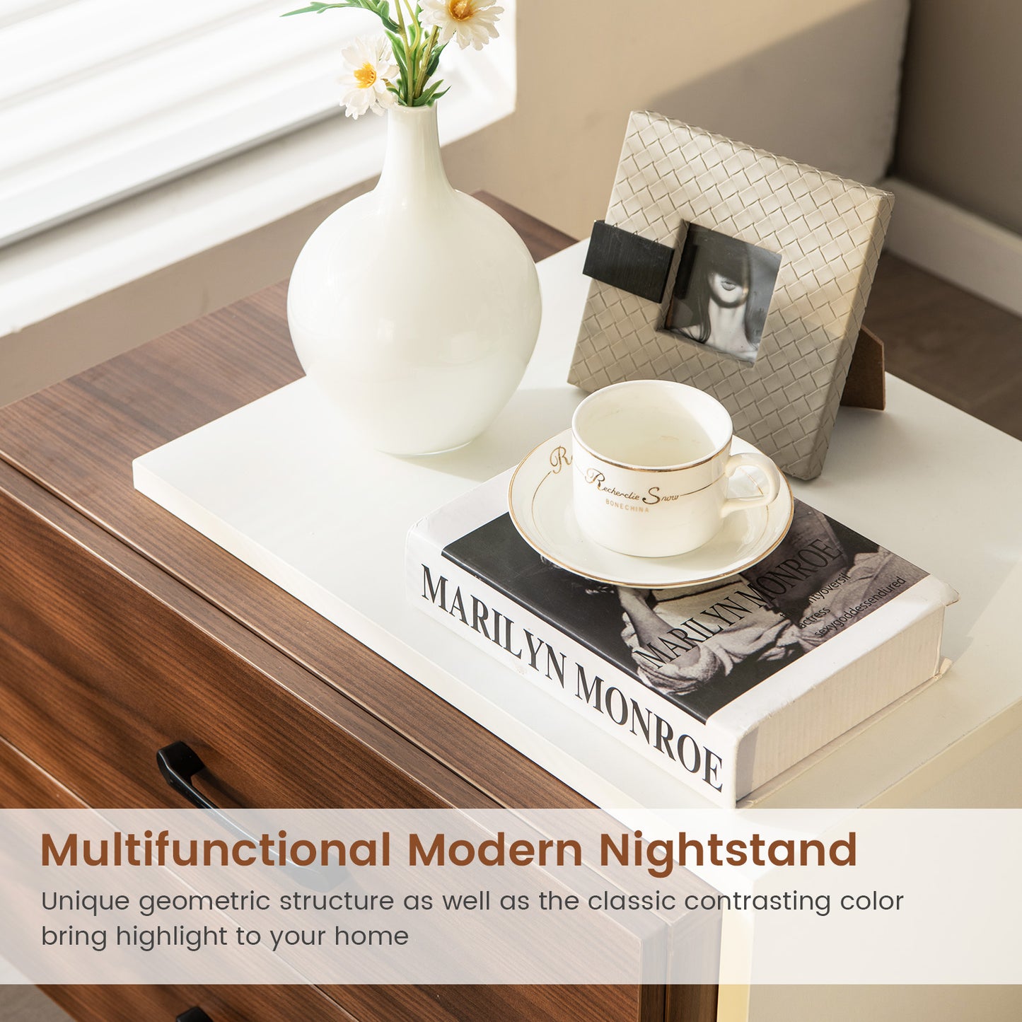Sleek Modern Nightstand with 2 Drawers for Bedroom or Living Room Organization