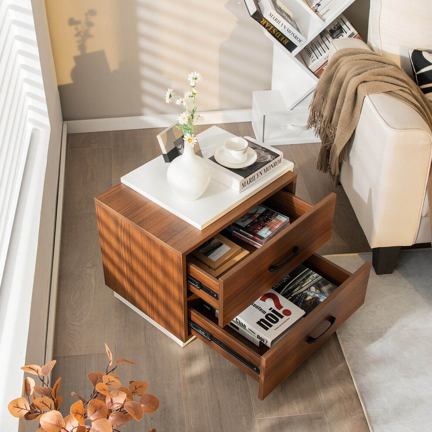 Sleek Modern Nightstand with 2 Drawers for Bedroom or Living Room Organization