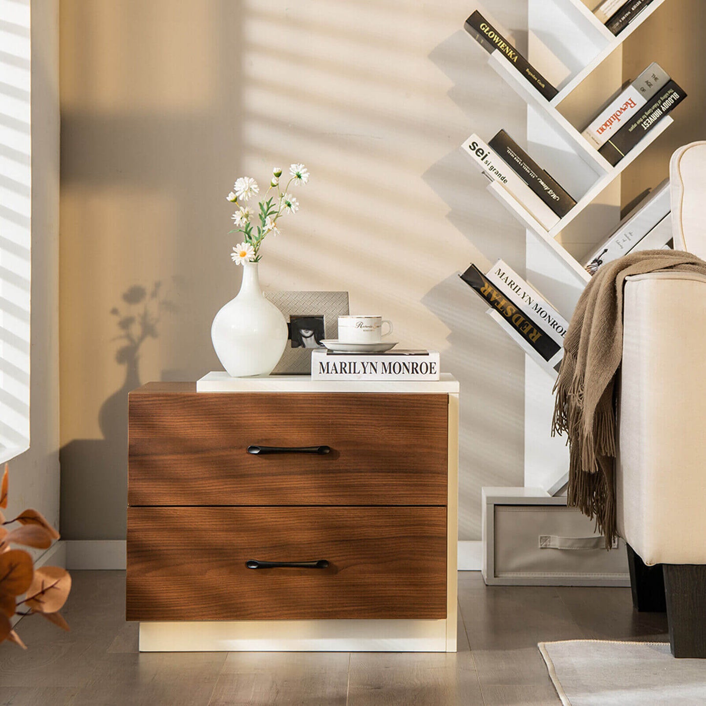 Sleek Modern Nightstand with 2 Drawers for Bedroom or Living Room Organization