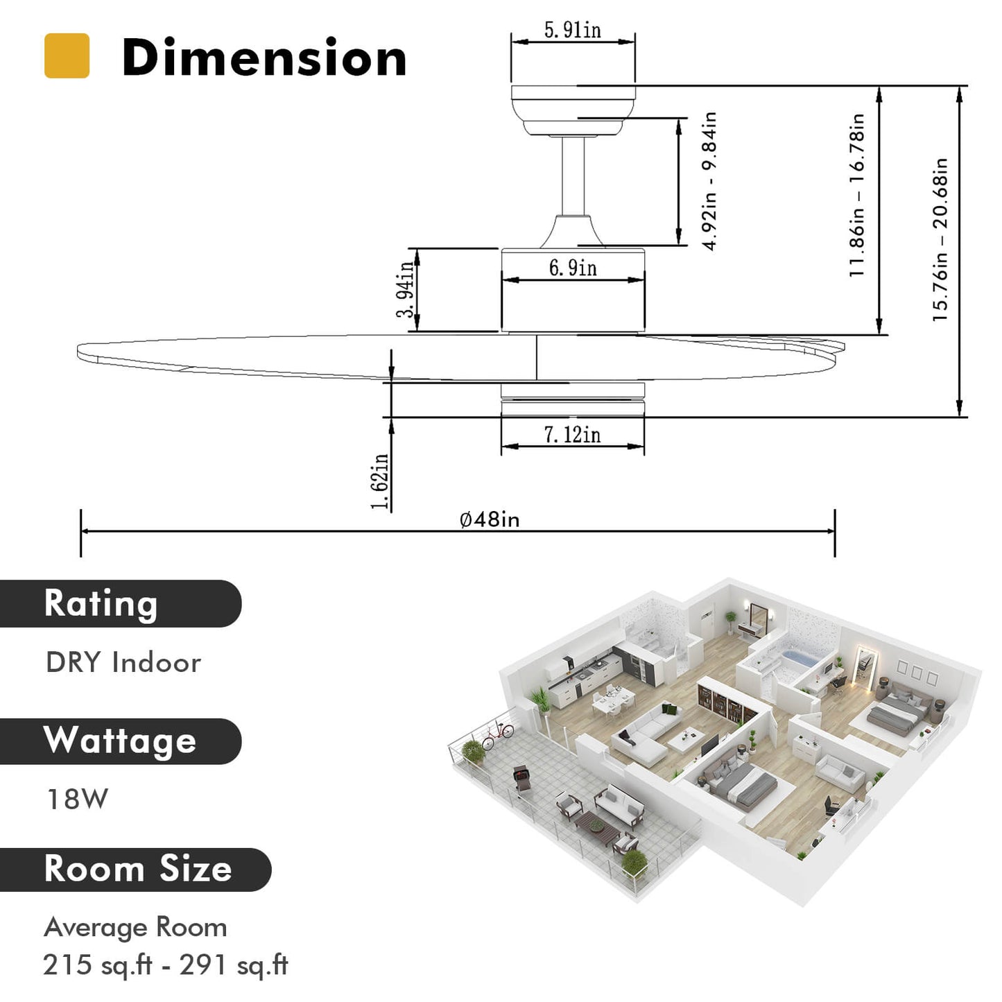 48 Inch Wooden Ceiling Fan with LED Light and 6 Speed Remote Control