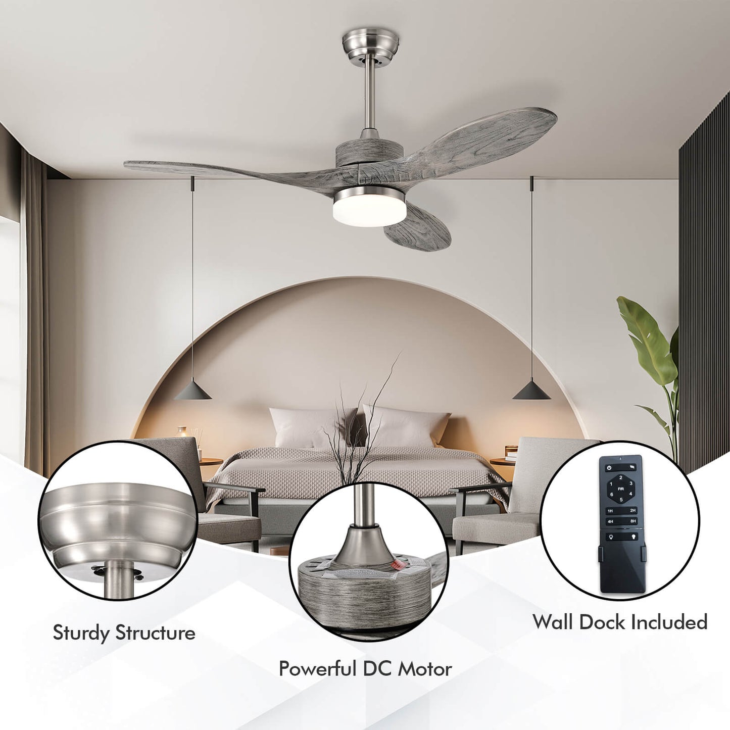 48 Inch Wooden Ceiling Fan with LED Light and 6 Speed Remote Control