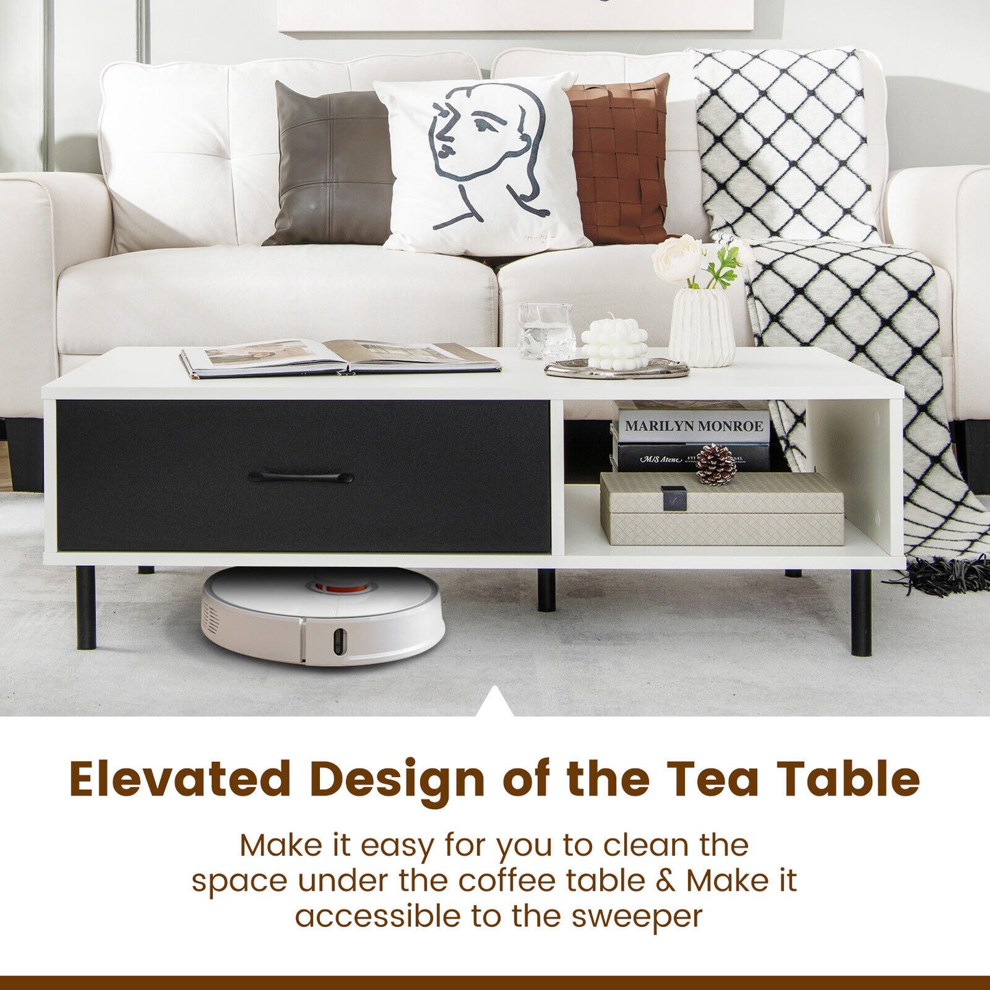 Modern Coffee Table with Drawer and Open Shelf Storage Two Tier Accent Table