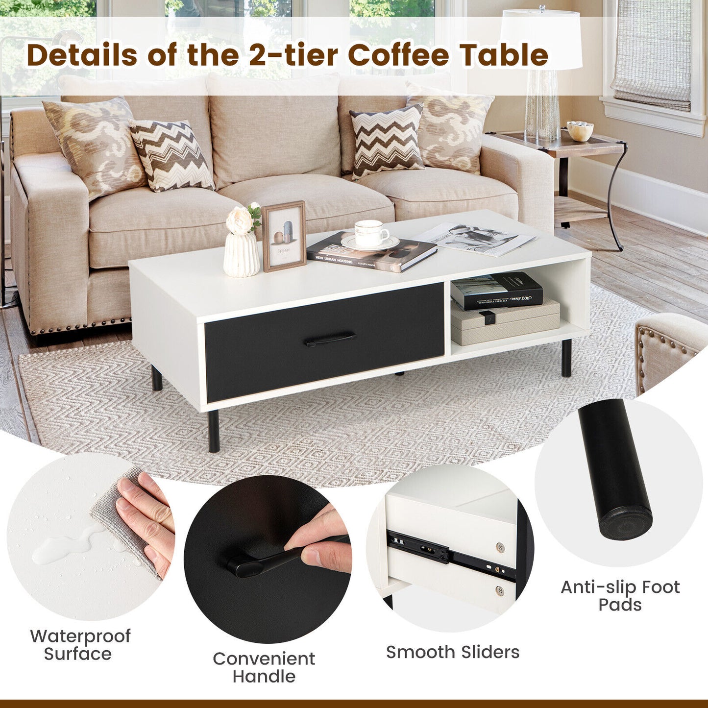 Modern Coffee Table with Drawer and Open Shelf Storage Two Tier Accent Table