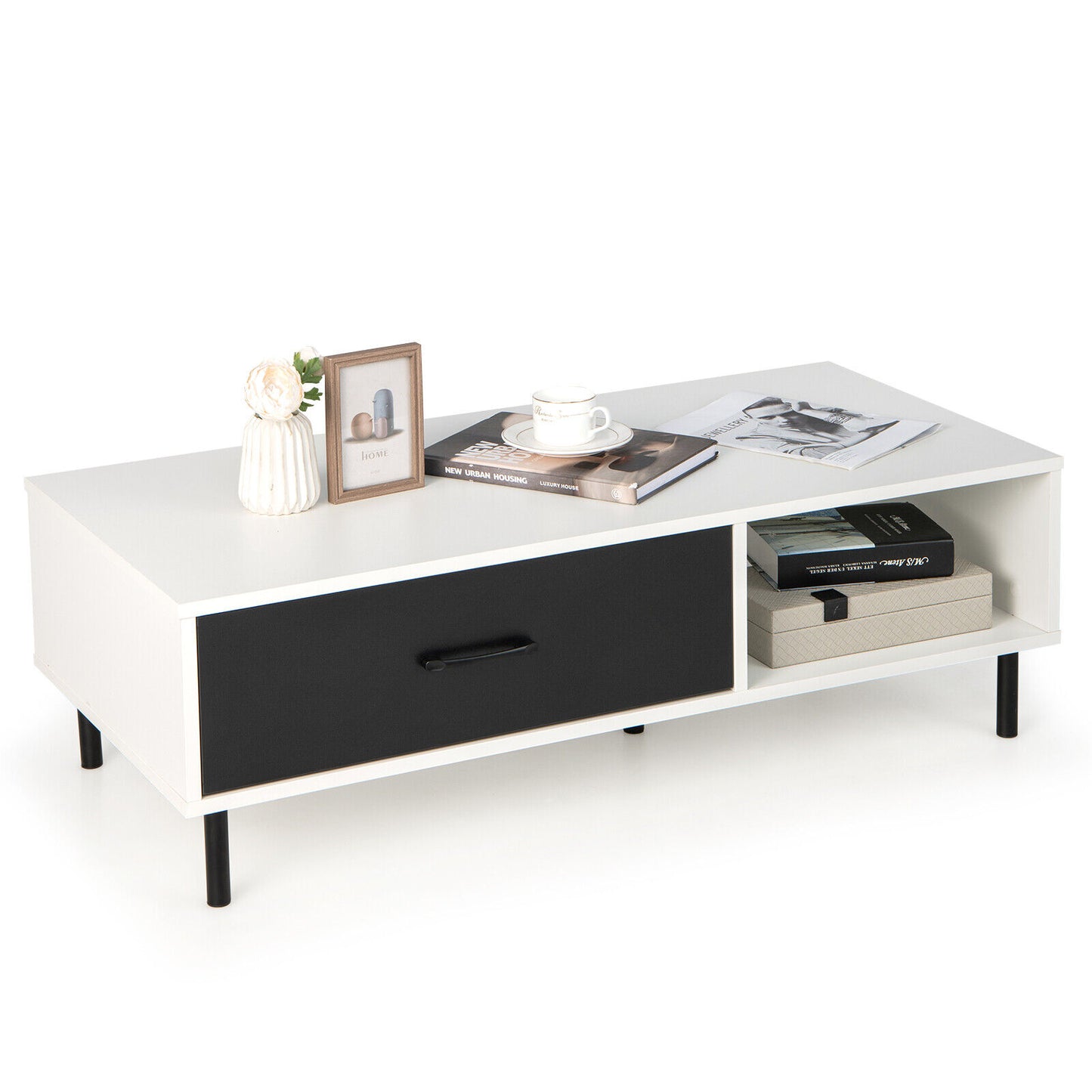Modern Coffee Table with Drawer and Open Shelf Storage Two Tier Accent Table