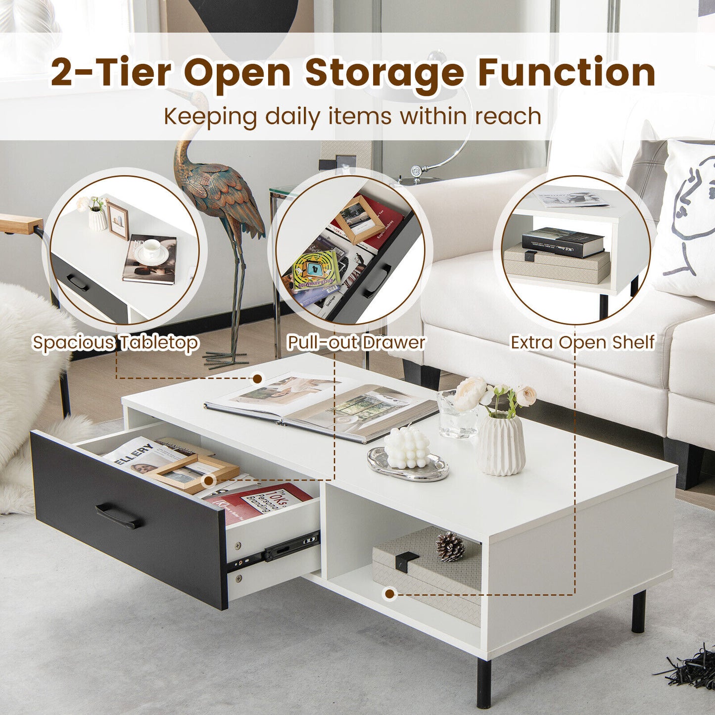 Modern Coffee Table with Drawer and Open Shelf Storage Two Tier Accent Table