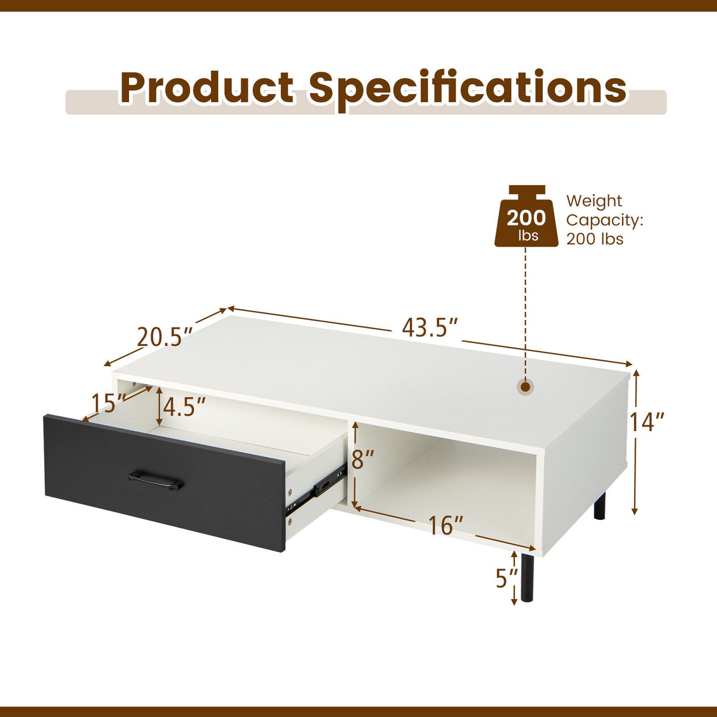 Modern Coffee Table with Drawer and Open Shelf Storage Two Tier Accent Table